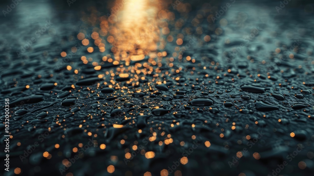 Close-up of raindrops on a smooth metal surface, reflecting light Close-up of raindrops on a smooth metal surface, reflecting light
