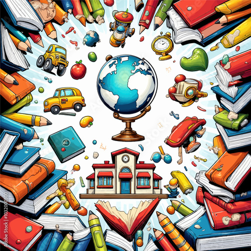 School Supplies and Books Around a Globe 
