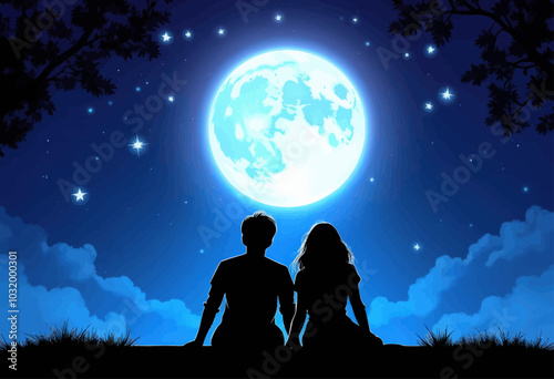 Silhouette Couple Under Full Moon 
