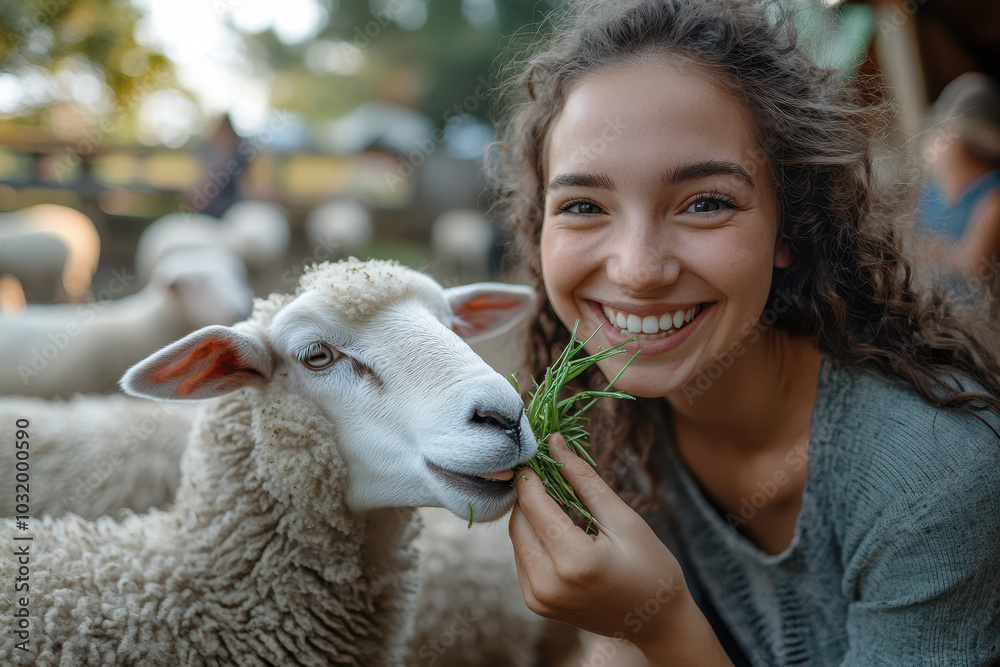 A happy woman feeding grass to sheep in a wooden enclosure on a farm.