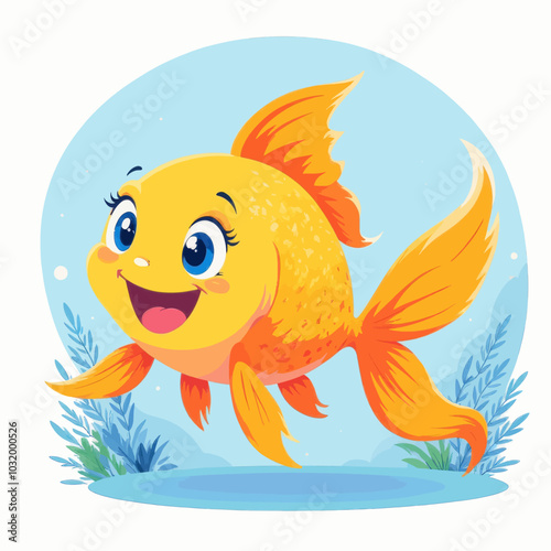 Smiling Cartoon Goldfish in Water 
