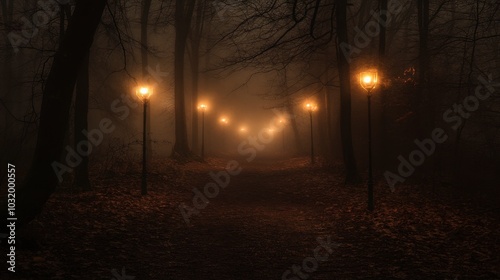 Foggy Pathway with Lanterns in Mysterious Forest