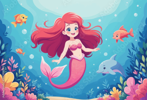 Smiling Mermaid in Underwater Scene 
