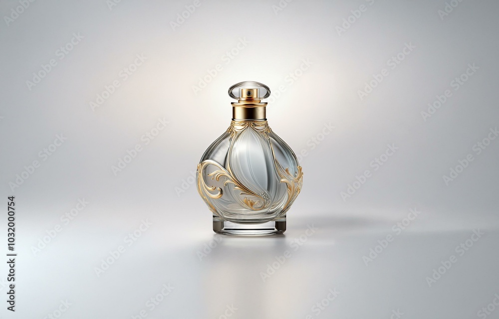 A glass perfume bottle with a gold lid and decorative accents sits on a white surface. A glass perfume bottle with a gold lid and decorative accents sits on a white surface.