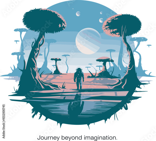 An astronaut exploring an alien landscape under a distant planet's sky