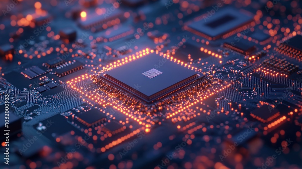 Close Up of Illuminated Circuit Board with Central Processing Unit Close Up of Illuminated Circuit Board with Central Processing Unit