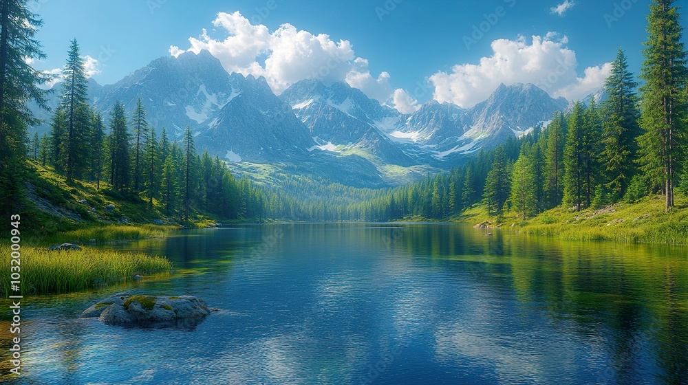 Mountain Lake Surrounded by Evergreen Forests and Peaks - Scenic Nature Background Mountain Lake Surrounded by Evergreen Forests and Peaks - Scenic Nature Background