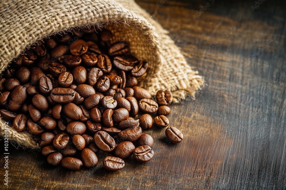 Coffee beans spilled out from burlap sack on wood table with copy space. Dark color Coffee beans spilled out from burlap sack on wood table with copy space. Dark color