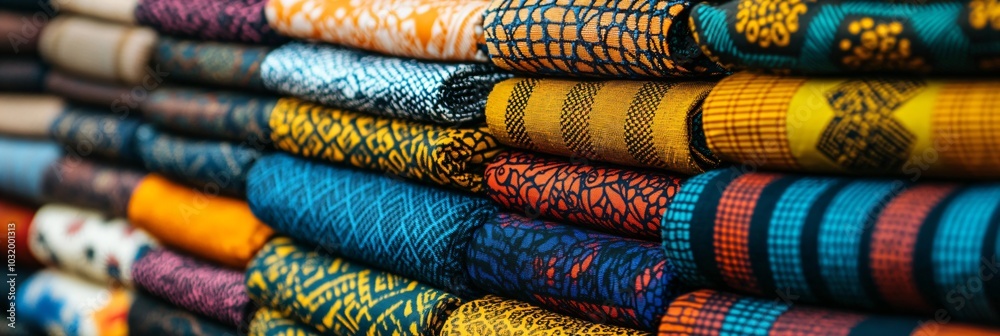 Colorful African fabric rolls displaying a rich array of patterns and hues for fashion, crafts, and cultural celebrations. Traditional textiles with intricate designs suitable for clothing, accessorie Colorful African fabric rolls displaying a rich array of patterns and hues for fashion, crafts, and cultural celebrations. Traditional textiles with intricate designs suitable for clothing, accessorie