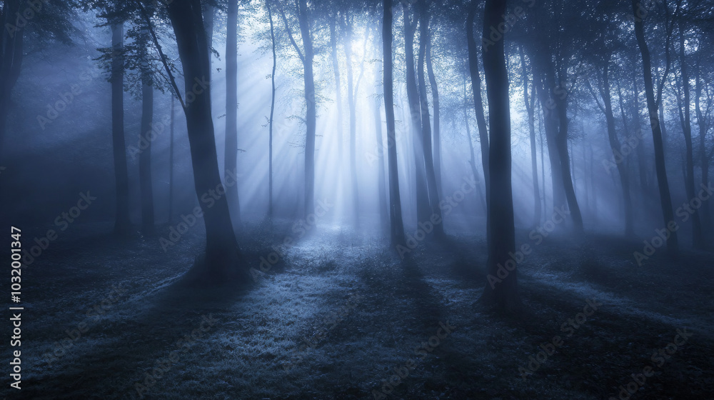 A fog-covered forest at twilight, with shadows that seem to move. A fog-covered forest at twilight, with shadows that seem to move.