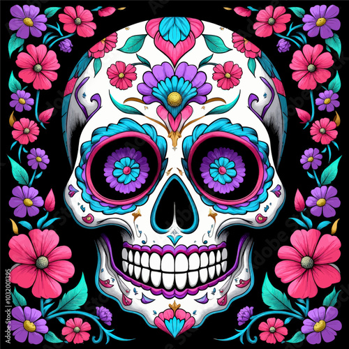 Sugar Skull with Floral Border 
