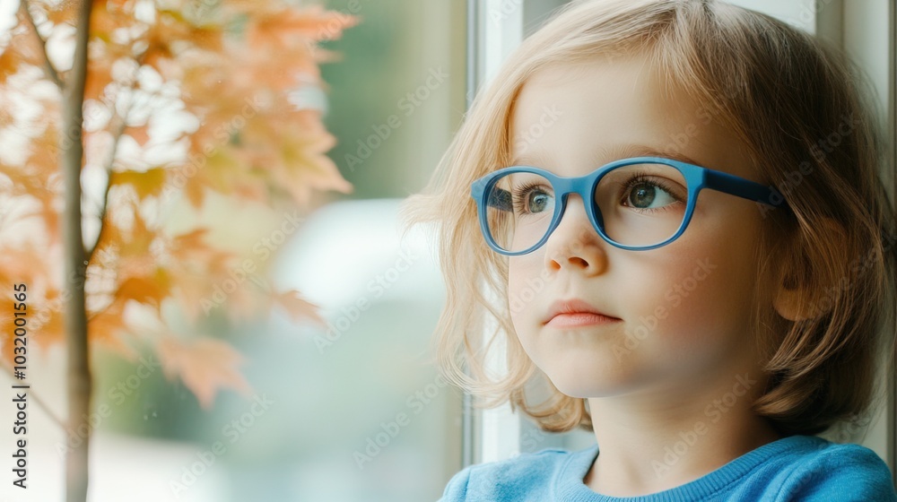 Young child wearing blue glasses focusing on distant tree outside window, symbolizing myopia prevention and importance of outdoor activities. Young child wearing blue glasses focusing on distant tree outside window, symbolizing myopia prevention and importance of outdoor activities.