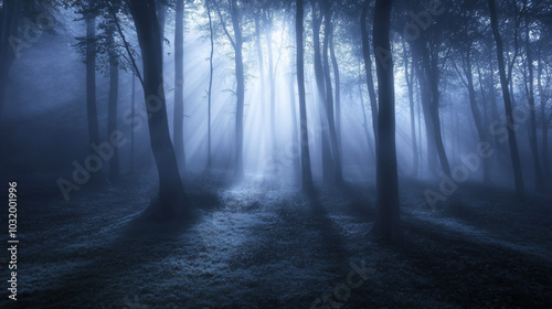 A fog-covered forest at twilight, with shadows that seem to move.