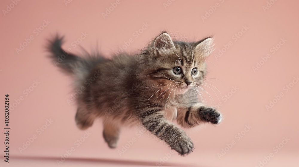 A playful kitten leaps joyfully against a soft pink backdrop in a cozy indoor setting A playful kitten leaps joyfully against a soft pink backdrop in a cozy indoor setting
