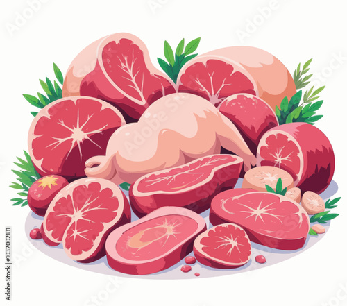 Vibrant Illustration of Sliced Grapefruit and Whole Fruits