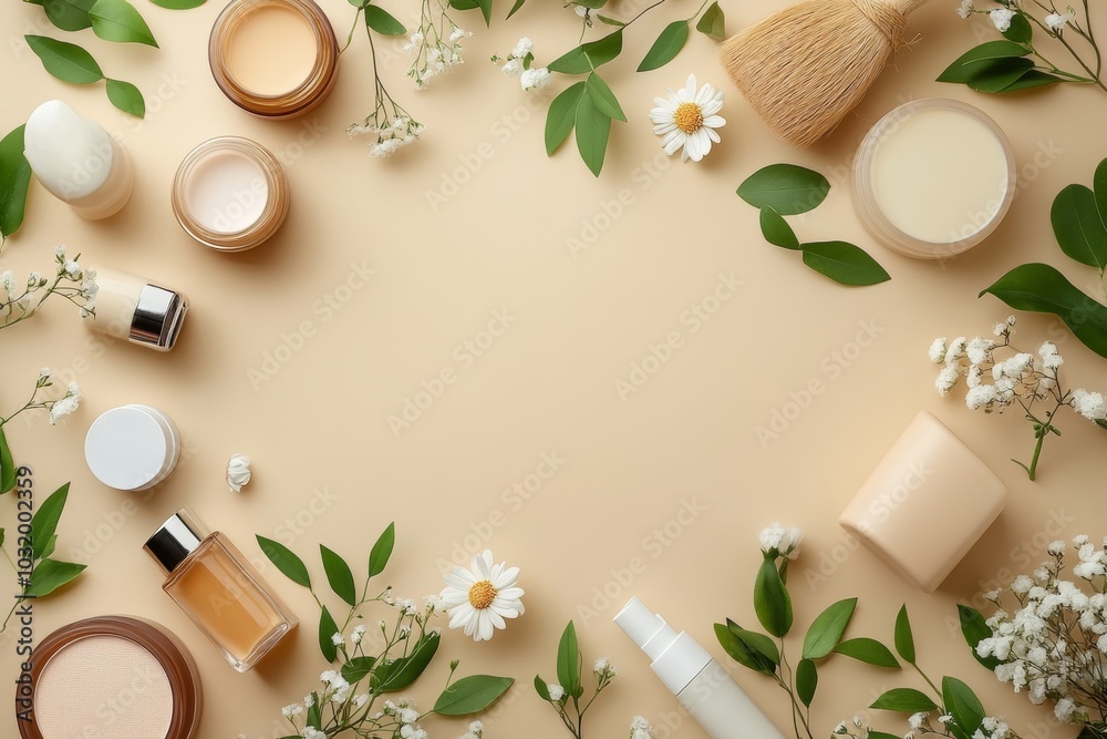 Flat composition with cosmetic products on beige background, Generative AI