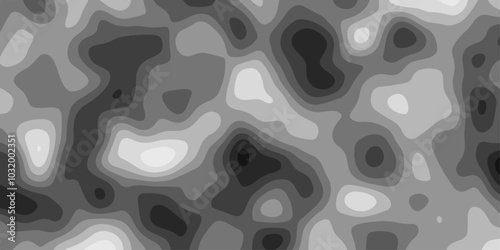 Gray Stylized Bokeh Effect Topographic Contour Scheme and Terrain on old paper. Geographic mountain terrain. Contour map background. Cartographic Weave with seamless striped patterns and wavy edges