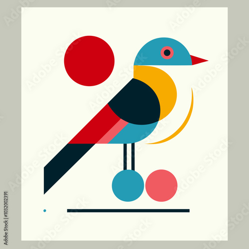 Stylized illustration of a bird with geometric shapes and bright colors in a modern art style