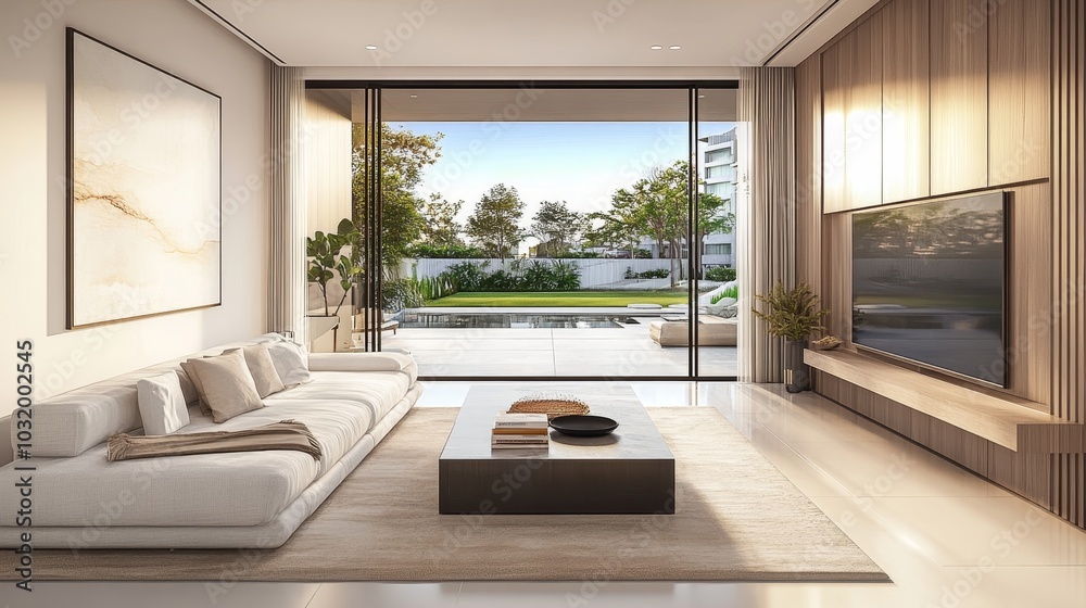Modern Living Room Interior with an Open Backyard View, Big Window, and Minimalist Design Modern Living Room Interior with an Open Backyard View, Big Window, and Minimalist Design