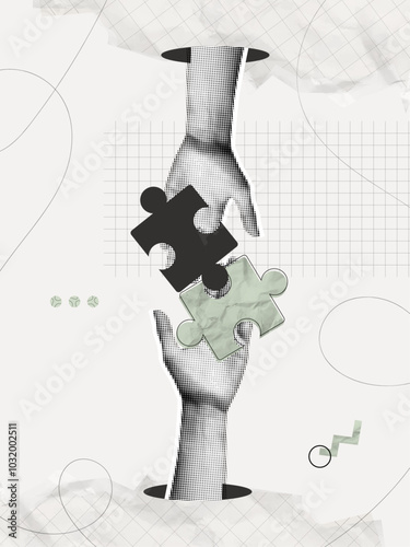 Trendy Halftone Collage Two Hands holding puzzle pieces. Business idea and solution. Teamwork concept. Metaphor of partnership. New startup. Career development. Contemporary vector illustration art