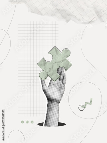 Trendy Halftone Collage Hand holding puzzle piece. Business idea and solution. Teamwork concept. Metaphor of partnership. New startup. Career development. Contemporary vector illustration art
