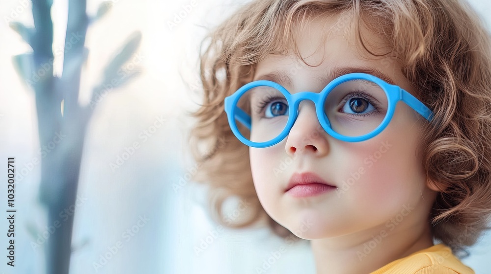 Young child wearing blue glasses focusing on distant tree outside window, symbolizing myopia prevention and importance of outdoor activities.