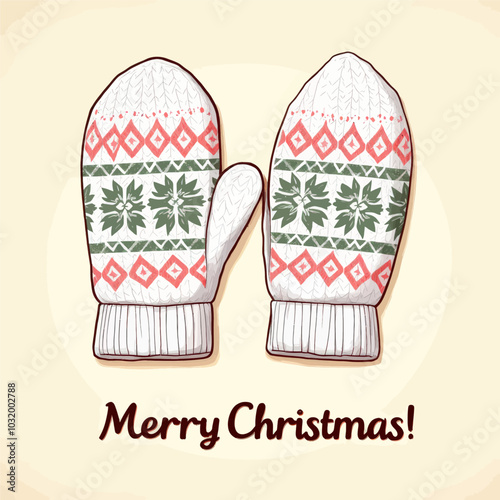 White Knit Mittens with Snowflake Pattern  
