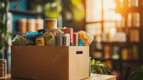 Food pantry with canned goods and pasta donations photo