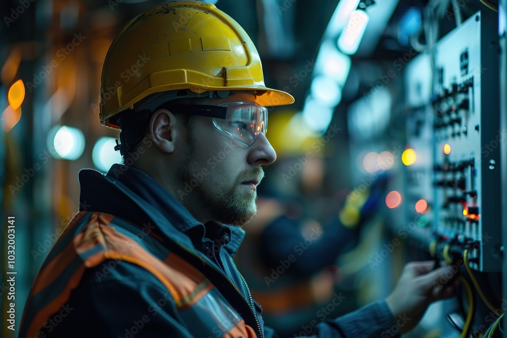 Electrician in helmet working on panel, focus, industry Electrician in helmet working on panel, focus, industry
