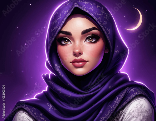 Woman in Purple Hijab with Crescent Moon 
