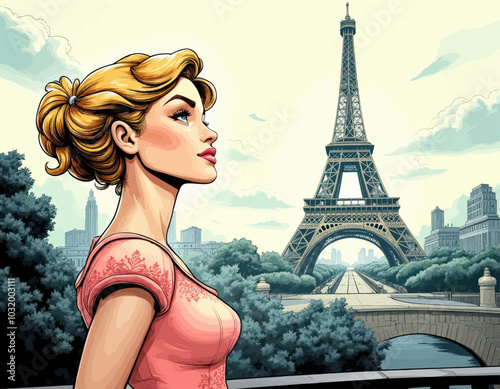Woman admiring the Eiffel Tower in Paris