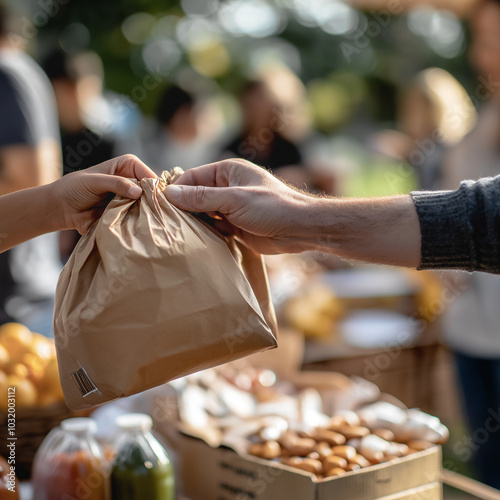 Hands giving food in a paper bag at donation center photo