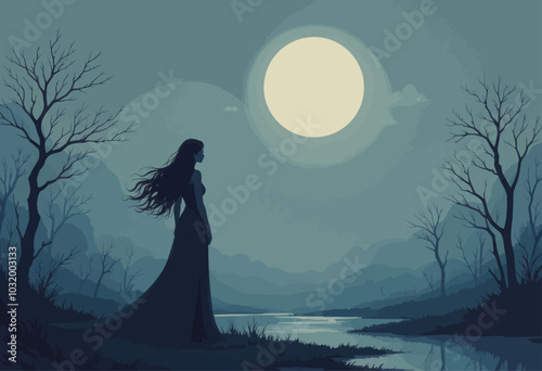 Woman Silhouette by River Under Full Moon 
