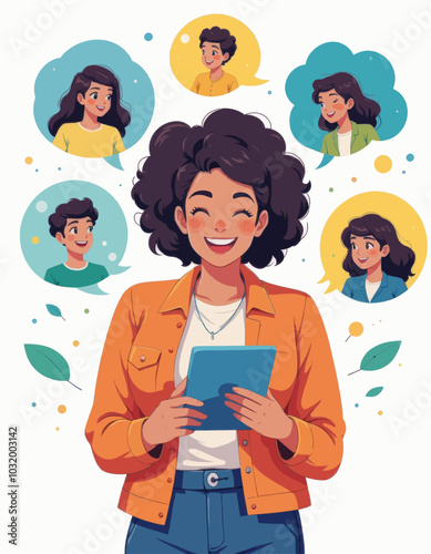 Woman smiling with speech bubbles of family and friends