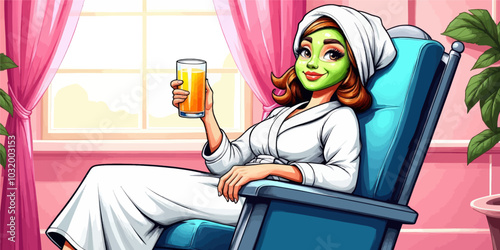 Woman Relaxing in Spa Chair with Face Mask and Juice 

