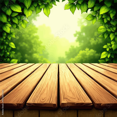 Wooden Plank with Green Leaves Background