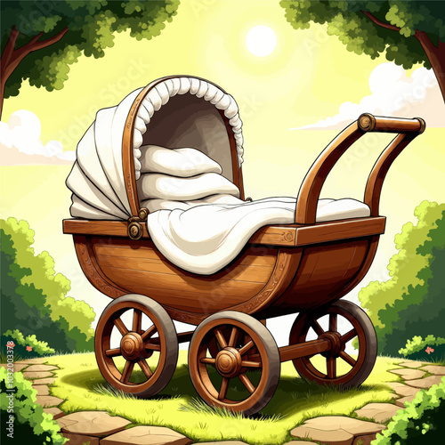 Wooden Baby Carriage in a Park  
