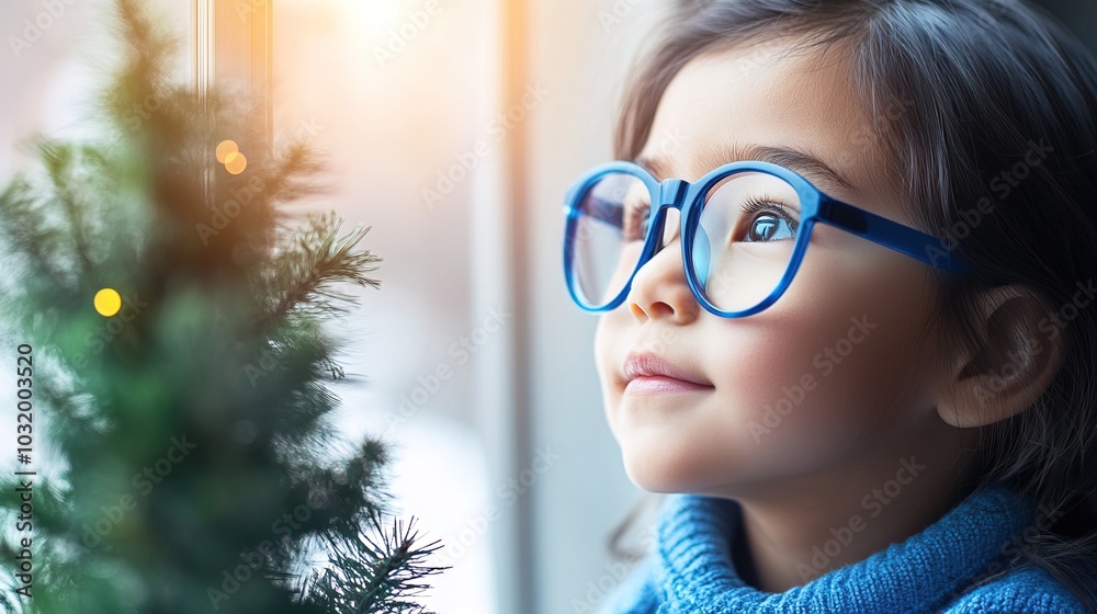 Young child wearing blue glasses focusing on distant tree outside window, symbolizing myopia prevention and importance of outdoor activities. Young child wearing blue glasses focusing on distant tree outside window, symbolizing myopia prevention and importance of outdoor activities.