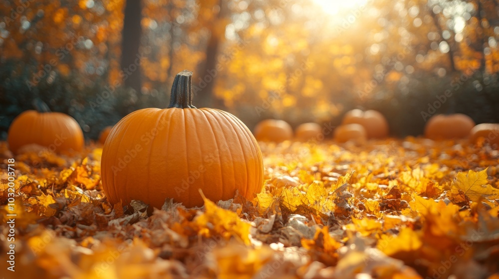 A solitary orange pumpkin rests on a bed of fallen leaves in a sun-drenched forest. The golden hues of autumn create a picturesque setting filled with seasonal tranquility. A solitary orange pumpkin rests on a bed of fallen leaves in a sun-drenched forest. The golden hues of autumn create a picturesque setting filled with seasonal tranquility.