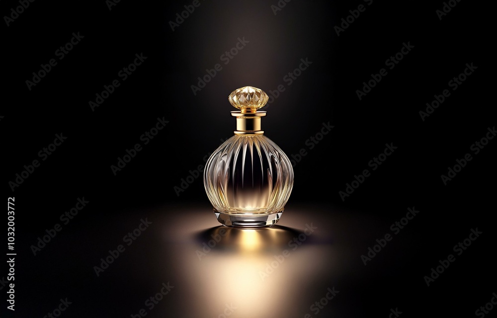 A glass bottle of perfume with a gold cap sits on a dark surface, illuminated from above. A glass bottle of perfume with a gold cap sits on a dark surface, illuminated from above.