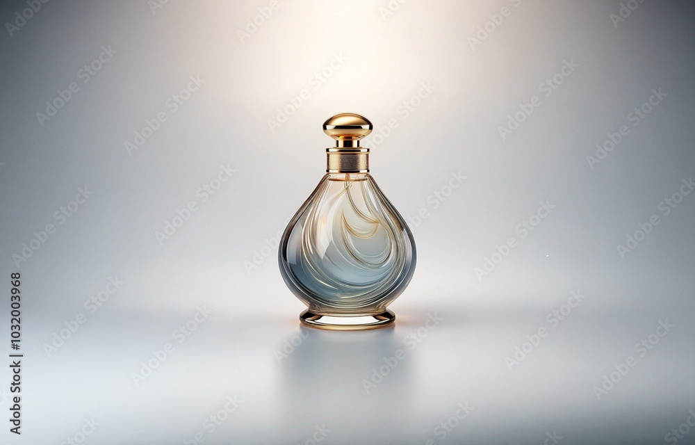 A gold-capped glass bottle with a curved, tear-drop shape sits against a white background.