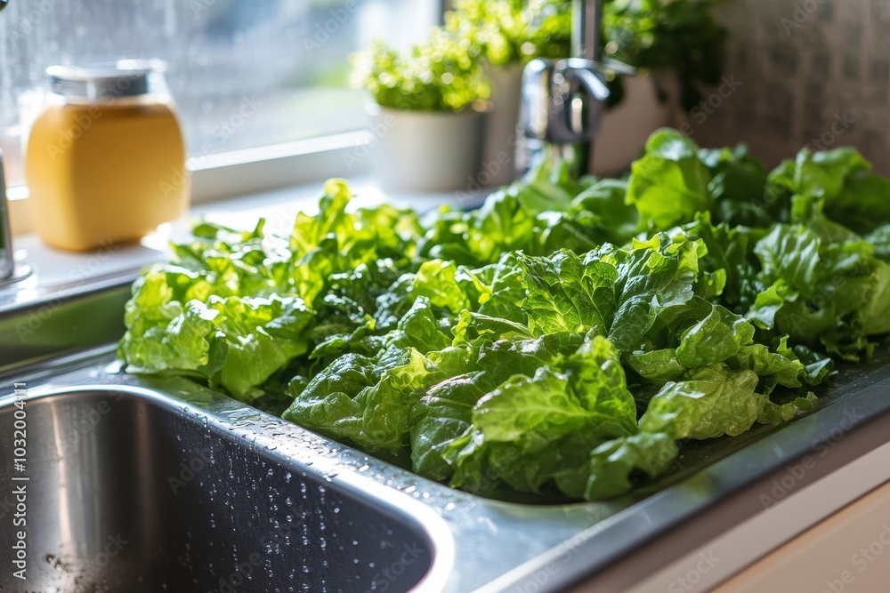 Green salad leaves in the kitchen sink, Generative AI Green salad leaves in the kitchen sink, Generative AI