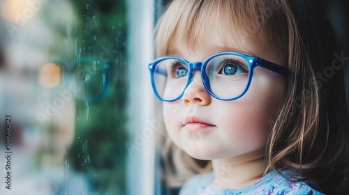 Young child wearing blue glasses focusing on distant tree outside window, symbolizing myopia prevention and importance of outdoor activities.