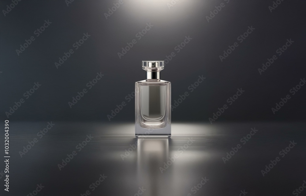 A single, clear glass perfume bottle with a silver cap stands on a dark, reflective surface. A single, clear glass perfume bottle with a silver cap stands on a dark, reflective surface.
