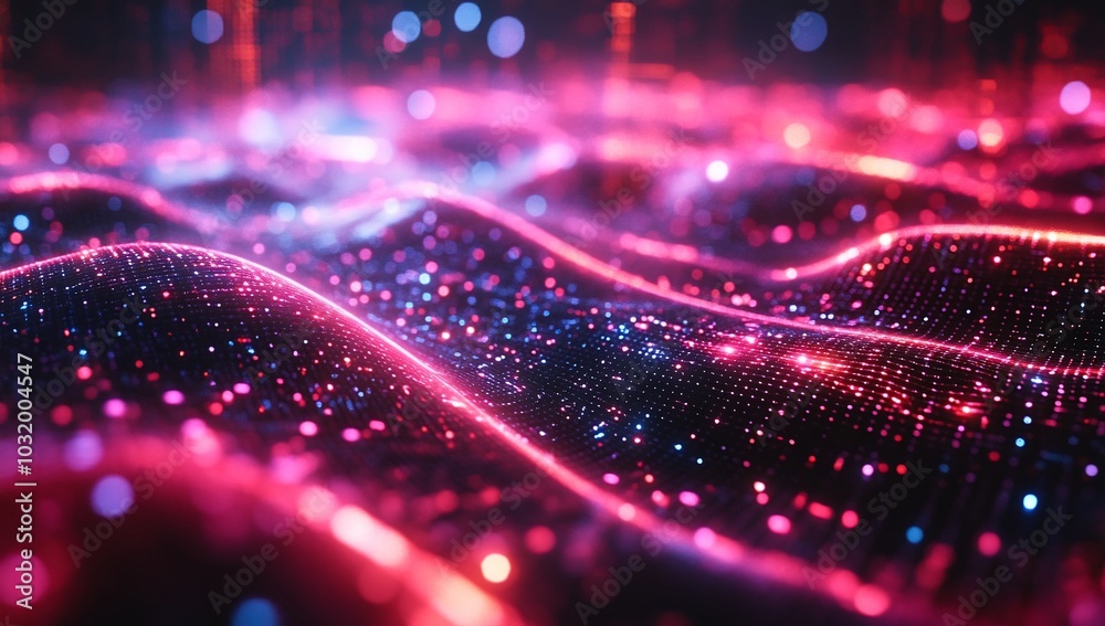 Abstract digital background with glowing particles and waves in red, pink, and blue colors. Abstract digital background with glowing particles and waves in red, pink, and blue colors.