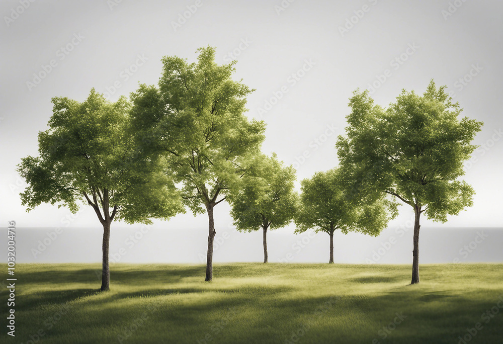 Fototapeta premium Set of few middle summer street young trees isolated on a white background perfectly cutout