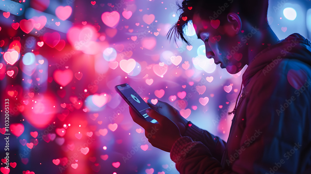 A man is looking at his cell phone in a dark room with pink lights A man is looking at his cell phone in a dark room with pink lights