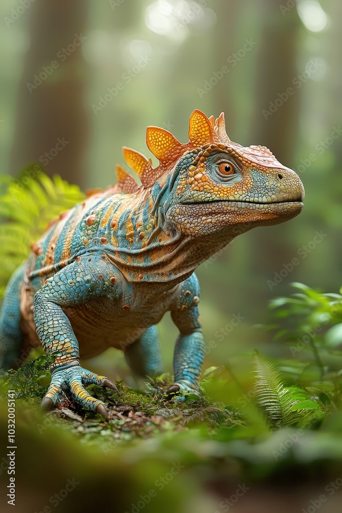 Fototapeta premium Majungasaurus in a dynamic hunting pose isolated on a gray forest background.