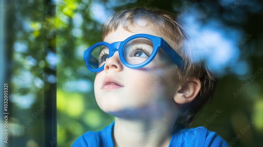 Young child wearing blue glasses focusing on distant tree outside window, symbolizing myopia prevention and importance of outdoor activities. Young child wearing blue glasses focusing on distant tree outside window, symbolizing myopia prevention and importance of outdoor activities.