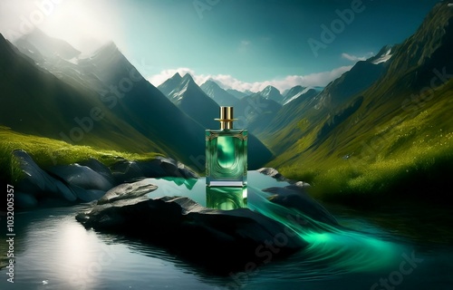 A glass bottle of perfume sits on a smooth rock, reflecting in a blue and green stream flowing between mountains. photo